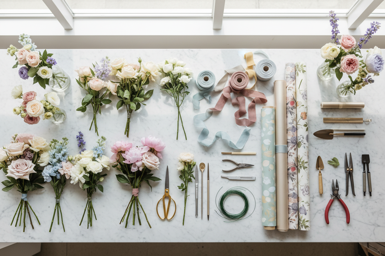 Flower shop white and hints of gray marble working station with flowers scissors, ribbons, wrapping paper and more of a light mode, overlay shot